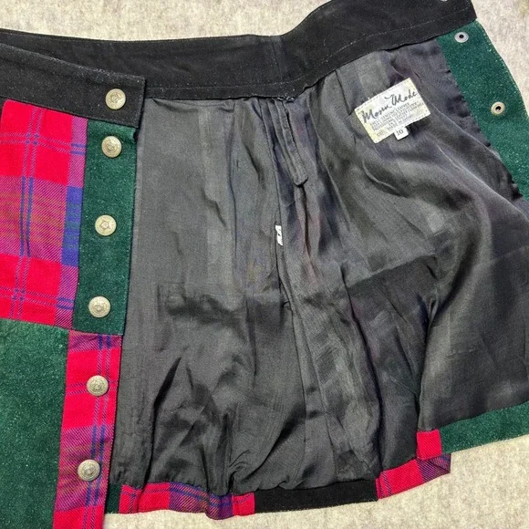 Vintage Mona Mode Suede Wool Plaid Button Front A-Line Skirt Size 10‎ Patchwork - Picture 5 of 7